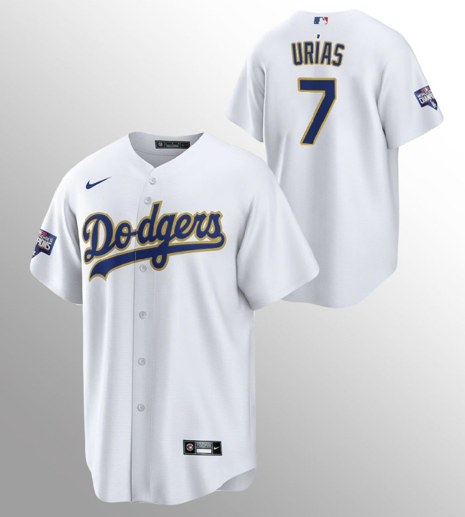 Men's Los Angeles Dodgers #7 Julio Urias White MLB Champions Patch Gold Program Cool Base Sttiched Jersey Men's Los Angeles Dodgers #7 Julio Urias White MLB Champions Patch Gold Program Cool Base Sttiched Jersey